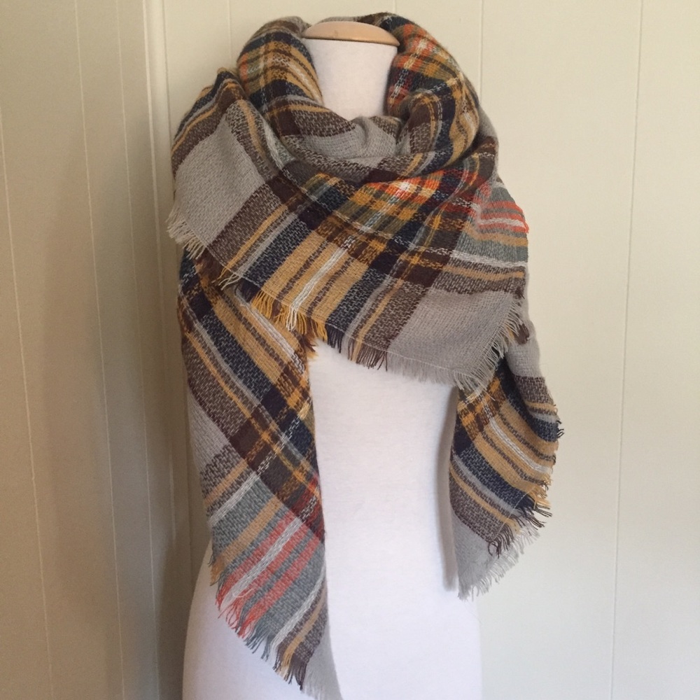Plaid fall/winter scarf- grey orange multi